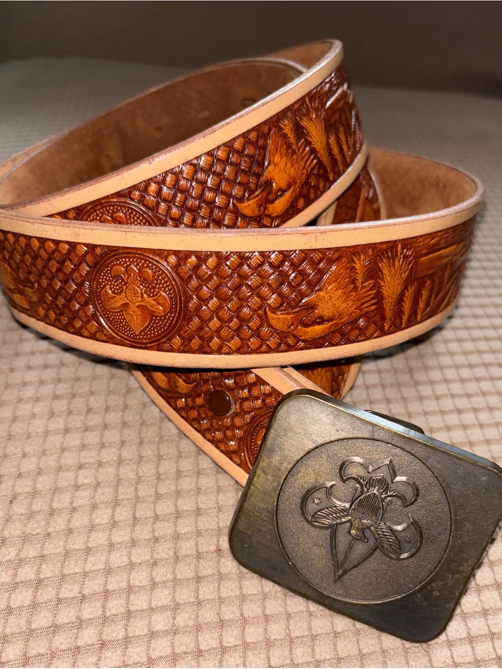 Boy Scout Tooled Brown Leather Belt with logo Buckle and designs marked size 50